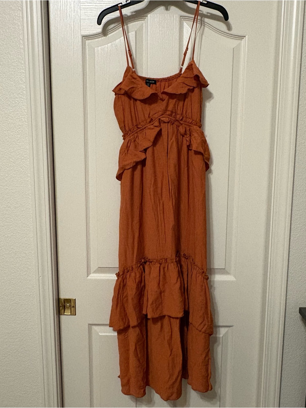 Sleeveless Rust Maxi Dress with Ruffle Bodice